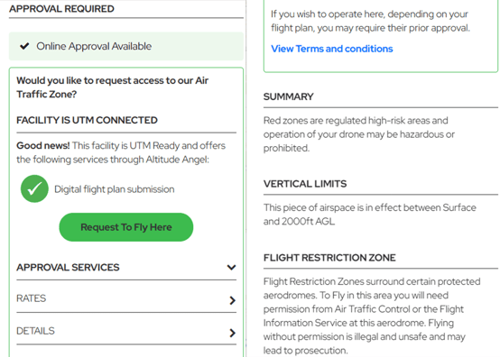 Airspace data from Altitude Angel displaying Approval Services, limits and FRZ information