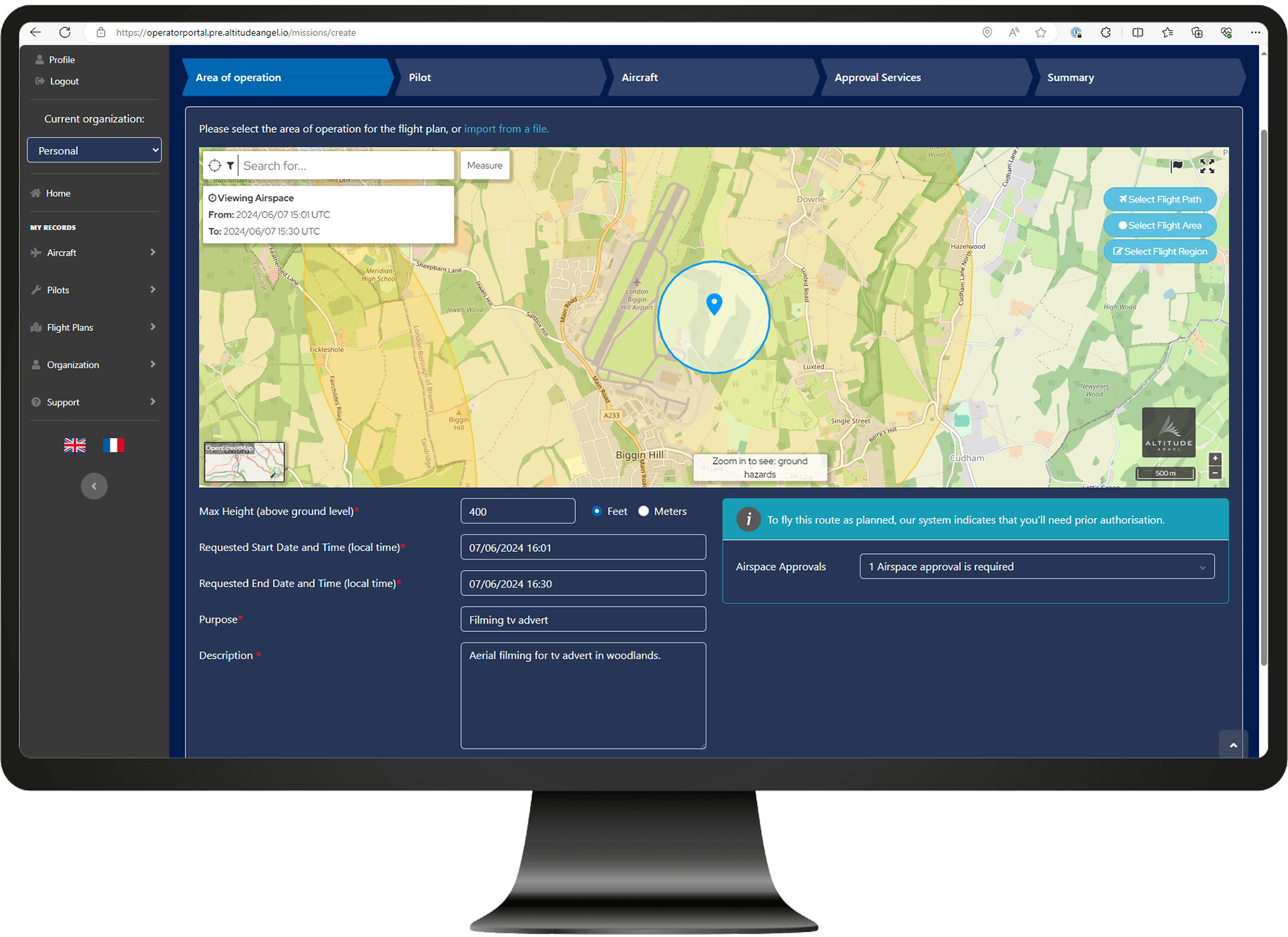 Creating a flight plan in operator portal