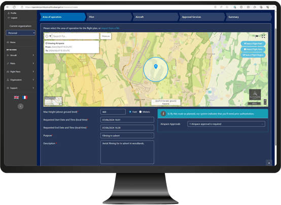 Selecting a flight area for a flight plan in an approval area on operator portal
