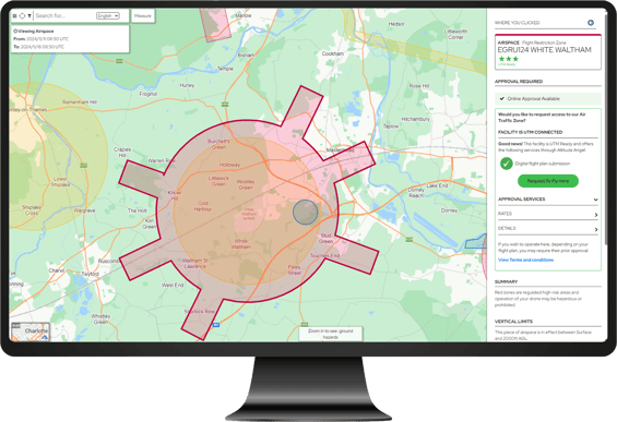 Drone Safety Map in monitor showing airspace restrictions in place for White Waltham airfield