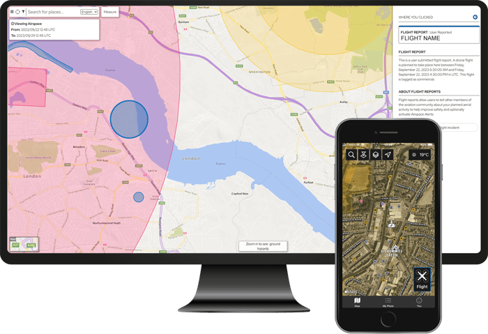 Drone safety map flight report and drone assist map satellite navigation