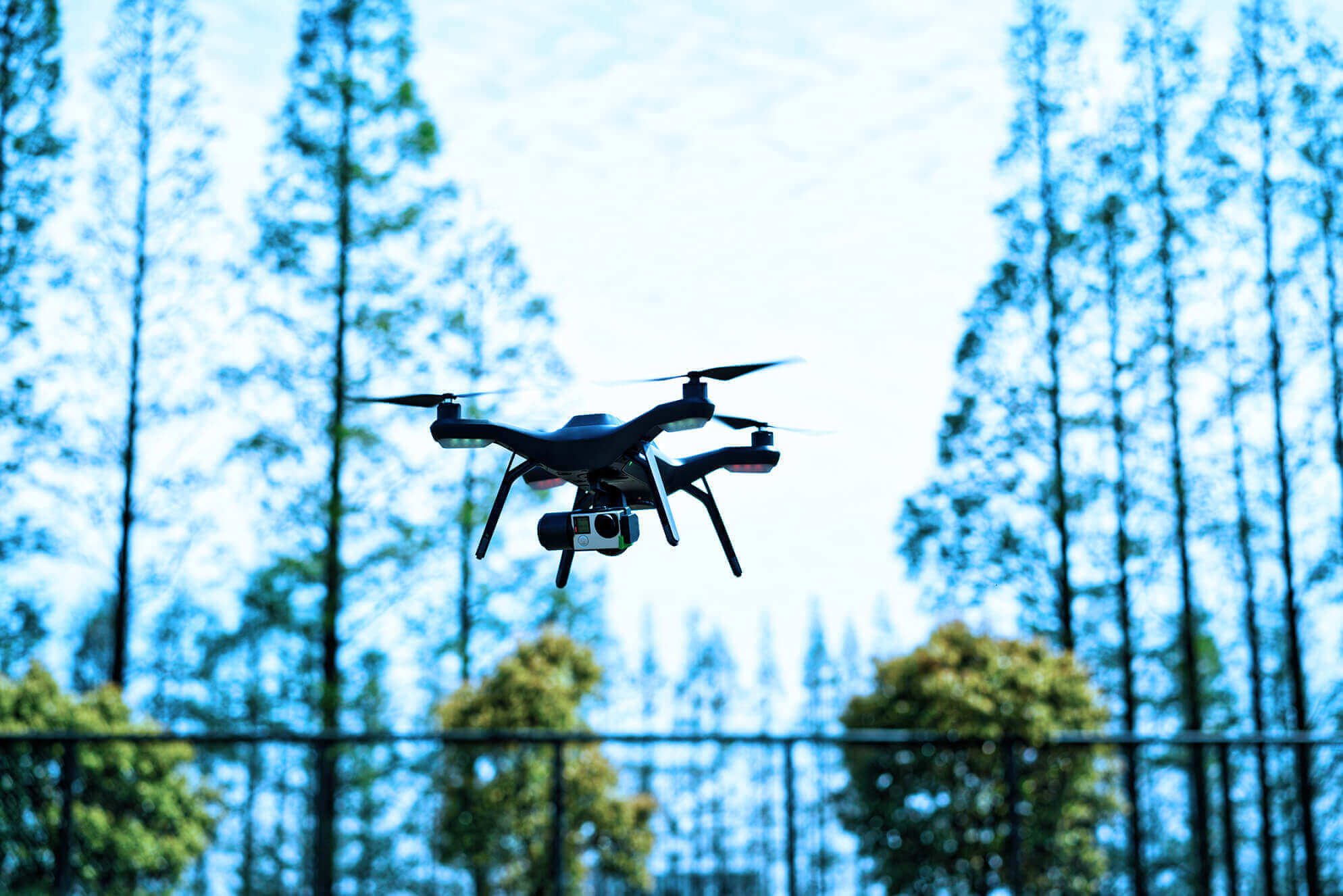 Drone flying around trees